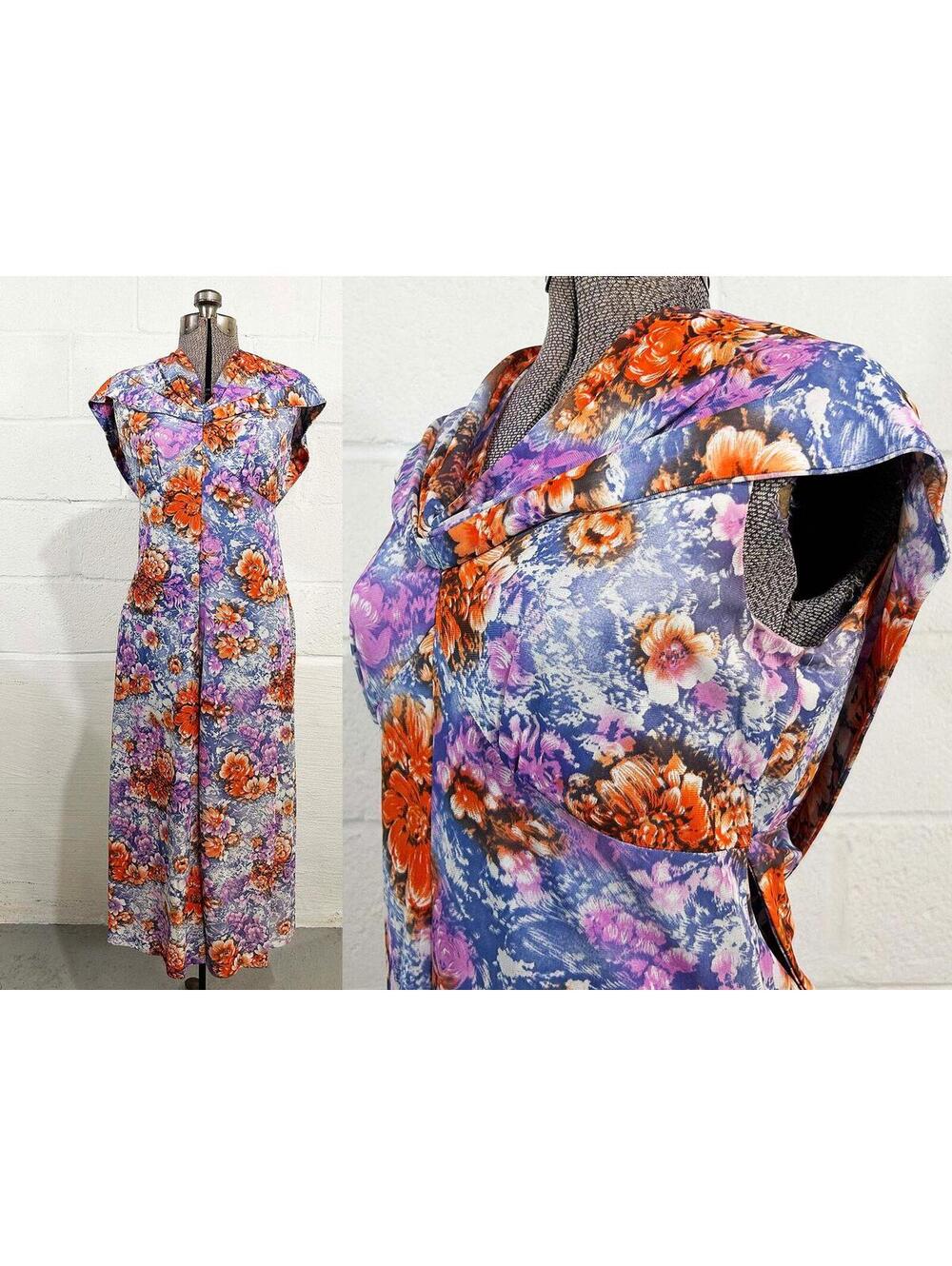 Vintage Watercolor Floral Dress Cowl Capelet Empire Waist Midi 1970s Large